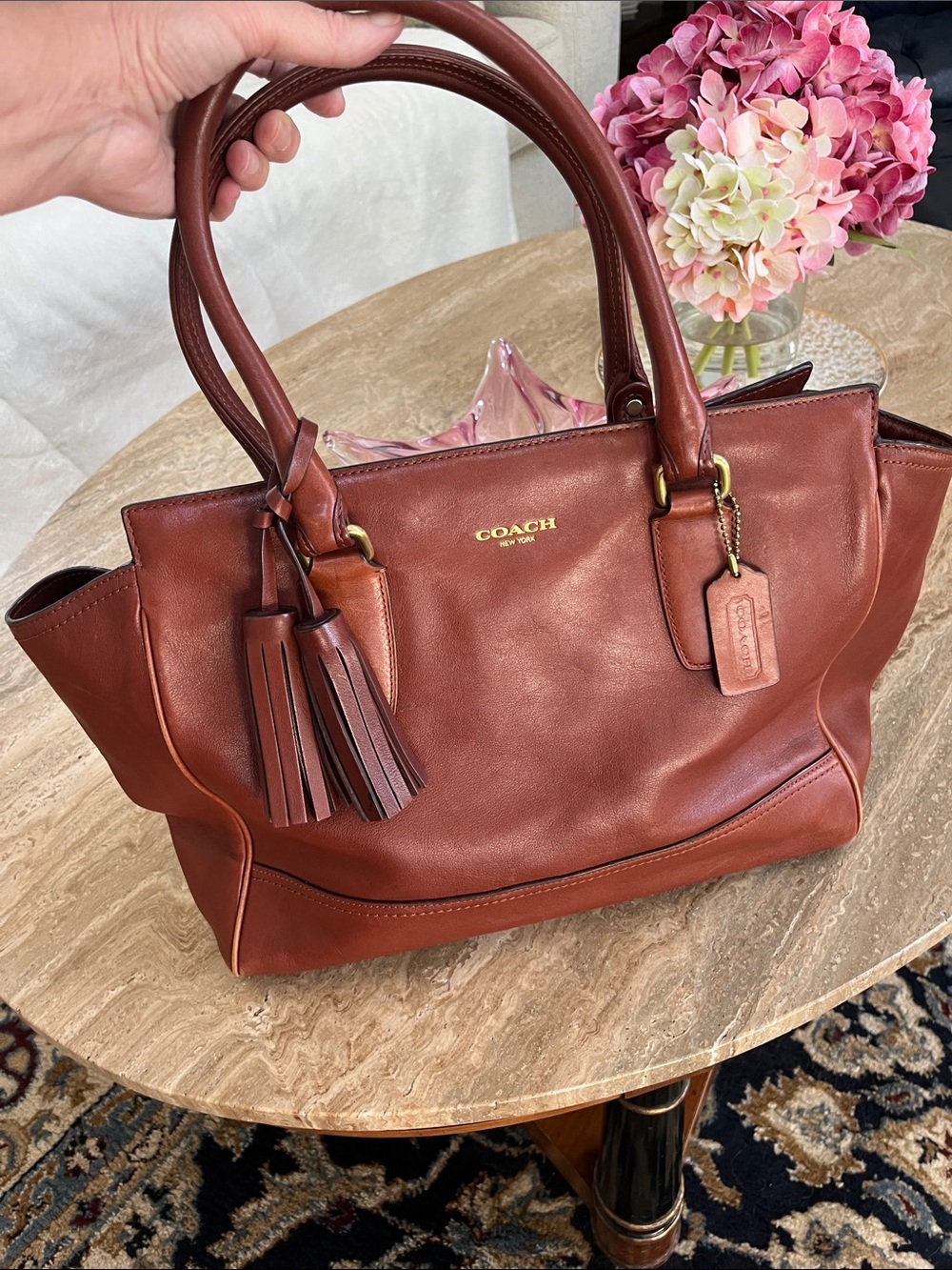 COACH Brown Leather Tote with Tassel Charm